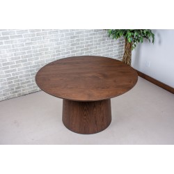 Round Oak Table, Minimalist Circular Wood Dining Table on Pedestal Cone Base, Dark Brown Stain on White Oak Table, Round Wood Table