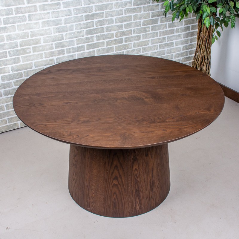 Round Oak Table, Minimalist Circular Wood Dining Table on Pedestal Cone Base, Dark Brown Stain on White Oak Table, Round Wood Table