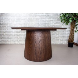 Round Oak Table, Minimalist Circular Wood Dining Table on Pedestal Cone Base, Dark Brown Stain on White Oak Table, Round Wood Table