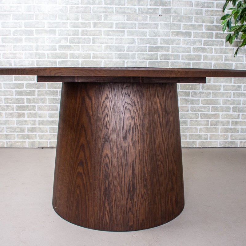 Round Oak Table, Minimalist Circular Wood Dining Table on Pedestal Cone Base, Dark Brown Stain on White Oak Table, Round Wood Table