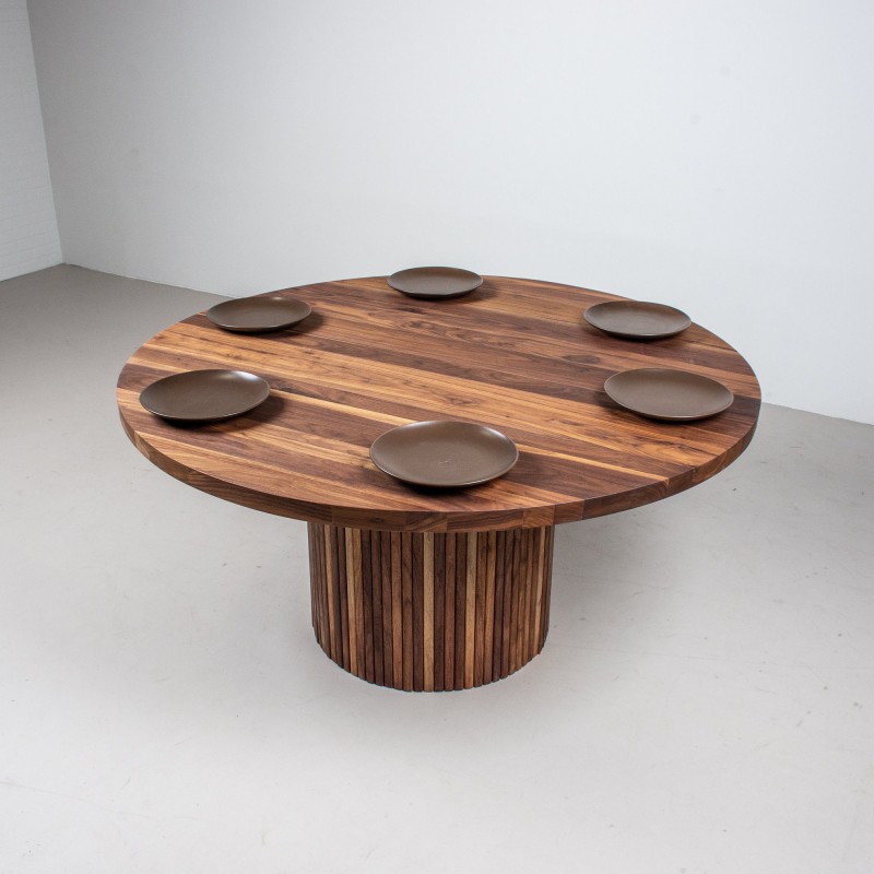 Round Dining Room Table, Round Walnut Table on Fluted Pedestal Base, Round Mid Century Modern Dining Table