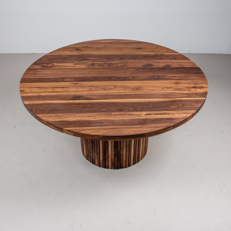 Round Dining Room Table, Round Walnut Table on Fluted Pedestal Base, Round Mid Century Modern Dining Table