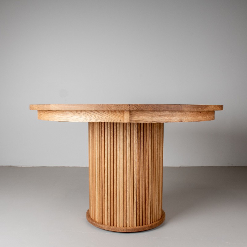 Custom Oak Dining Table with Wood Pedestal Base, Round Extending Table on Fluted Pedestal Base, Round Extension Table on Split Pedestal Base