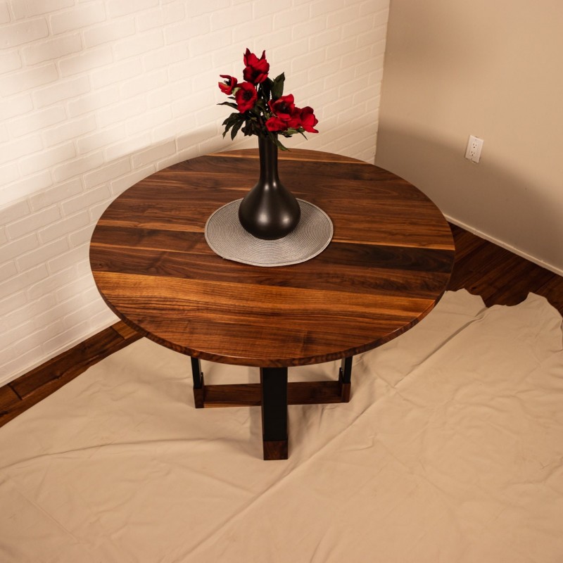 Custom Round Dinning Table, Round Walnut Table with Hybrid Steel and Walnut Base, 42" Round Table