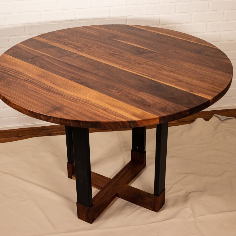 Custom Round Dinning Table, Round Walnut Table with Hybrid Steel and Walnut Base, 42" Round Table